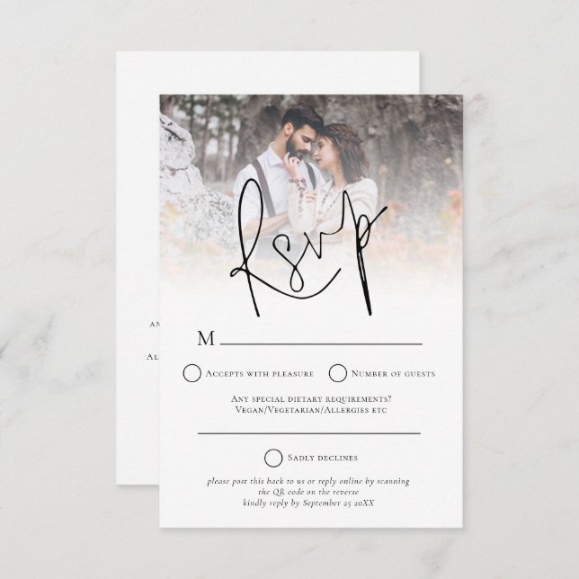 Modern Photo Overlay QR Code Wedding RSVP Card (Front/Back)