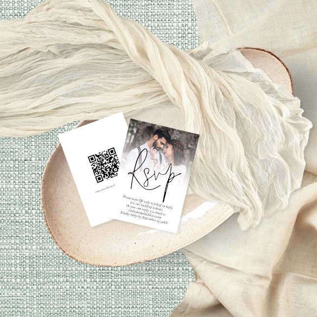 Modern Photo Overlay QR Code Wedding RSVP Card (Front and back view. Available digitally and printed. Part of a large matching wedding suite)