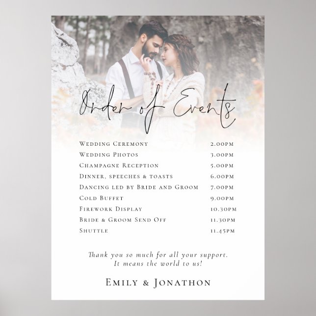 Modern Photo Overlay Reception Order of Events Poster (Front)