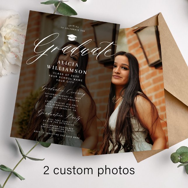 Modern photo overlay script black graduation party invitation (Creator Uploaded)