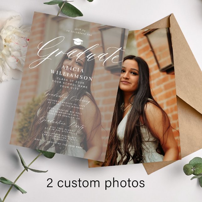 Modern photo overlay script graduation party invitation (Creator Uploaded)
