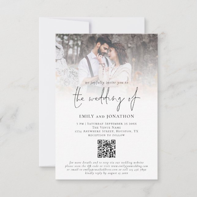 Modern Photo Overlay Script QR Code Wedding Invitation (Front)