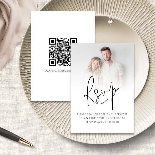 Modern Photo Overlay Script QR Code Wedding RSVP Card (Front and back view)