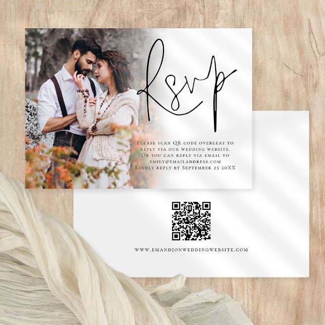 Modern Photo Overlay Script QR Code Weddingg RSVP Card (RSVP and QR code for your guests to scan and reply via your wedding website)
