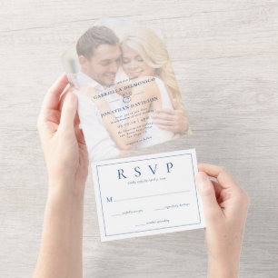 Modern Photo Overlay Wedding RSVP Blue All In One Invitation