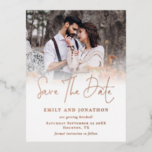 Modern Photo Overlay Wedding Save The Date Foil  Holiday Postcard