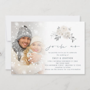 Modern Photo Overlay White Florals Join Us Wedding Invitation