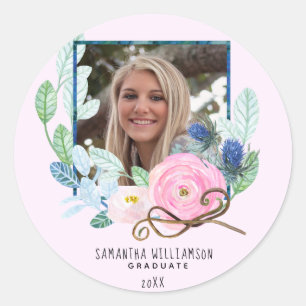Modern Photo Personalized Floral Graduation Classic Round Sticker