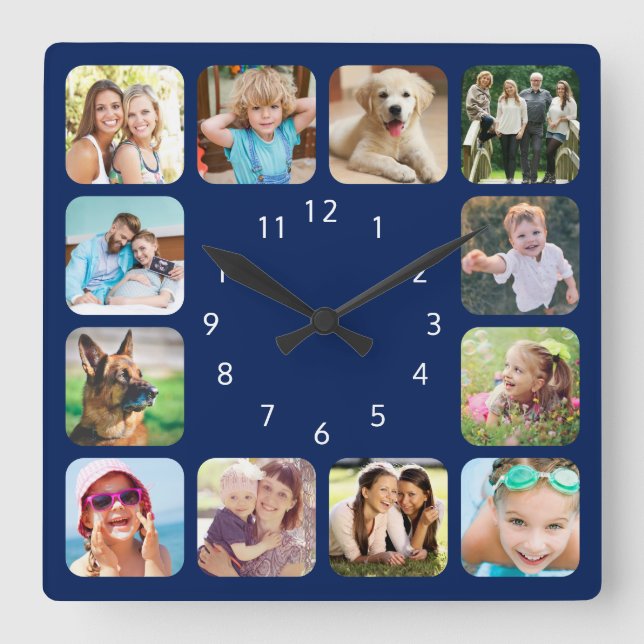 Modern Photo Personalized Navy Blue Square Wall Clock (Front)