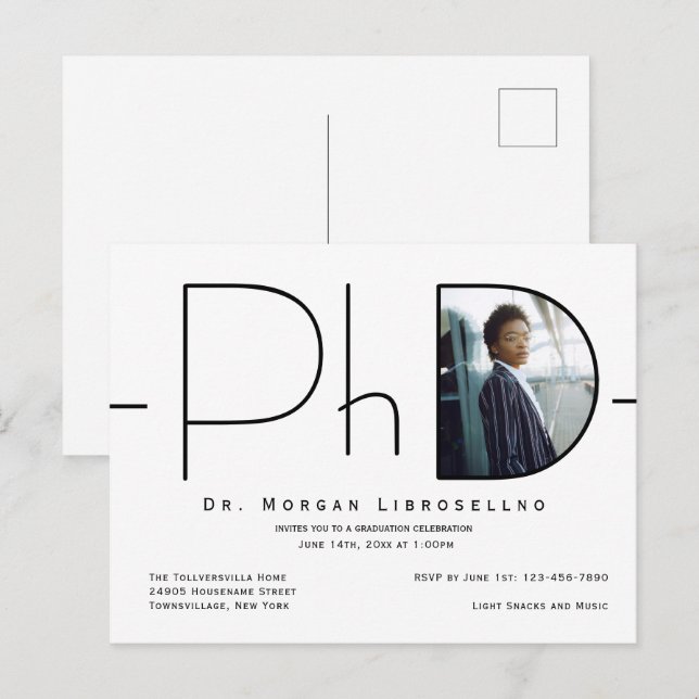 Modern Photo PhD Graduation Invitation Postcard (Front/Back)