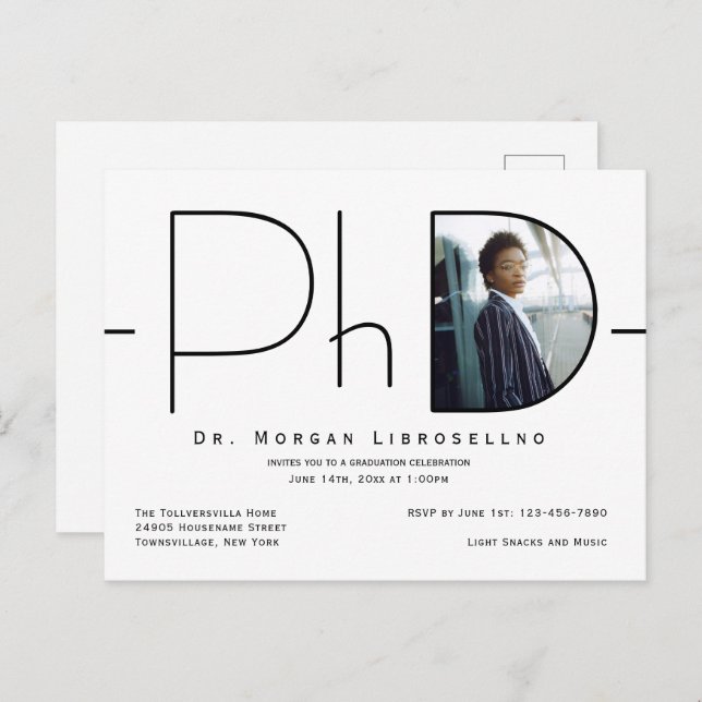 Modern Photo PhD Graduation Invitation Postcard (Front/Back)