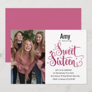 Modern Photo Pink Glitter Sweet 16th Birthday  Invitation