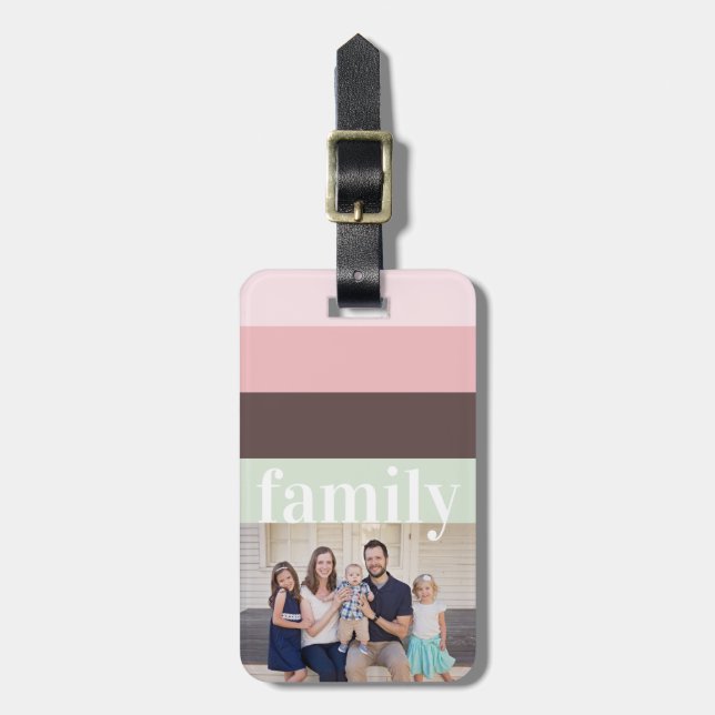 Modern Photo Pink, Green, Brown Striped Luggage Tag (Front Vertical)