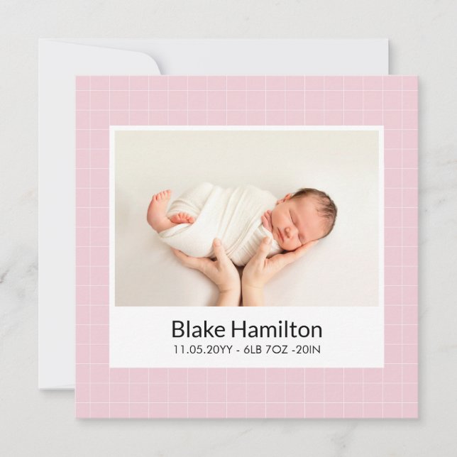 Modern Photo Pink Pattern Baby Birth Announcement (Front)