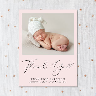 Modern Photo Pink Thank You Birth Announcement Postcard