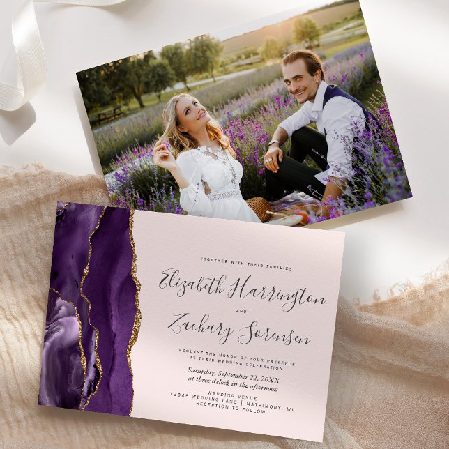 Modern Photo Purple Gold Agate Blush Wedding Invitation (Creator Uploaded)