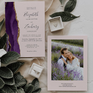 Modern Photo Purple Gold Agate Blush Wedding Invitation
