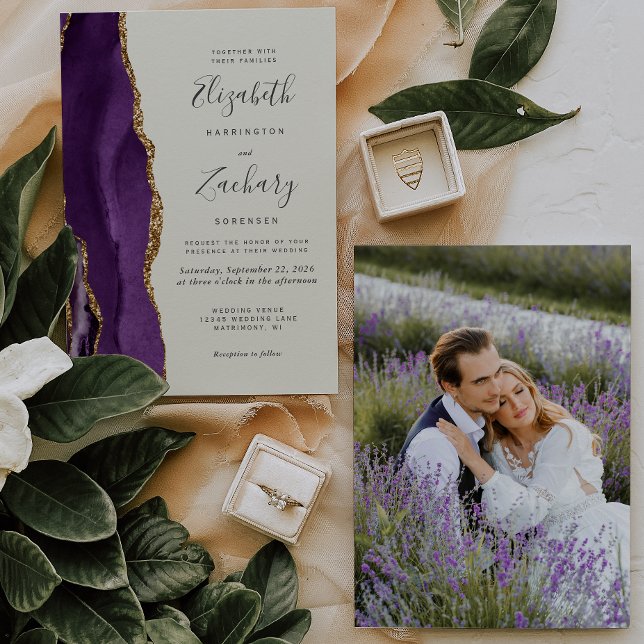 Modern Photo Purple Gold Agate Ivory Wedding Invitation (Creator Uploaded)