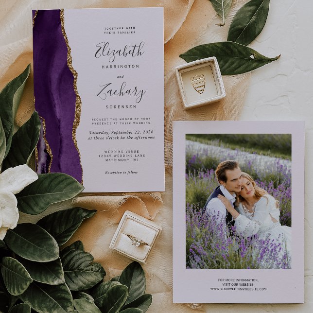 Modern Photo Purple Gold Agate Lavender Wedding Invitation (Creator Uploaded)