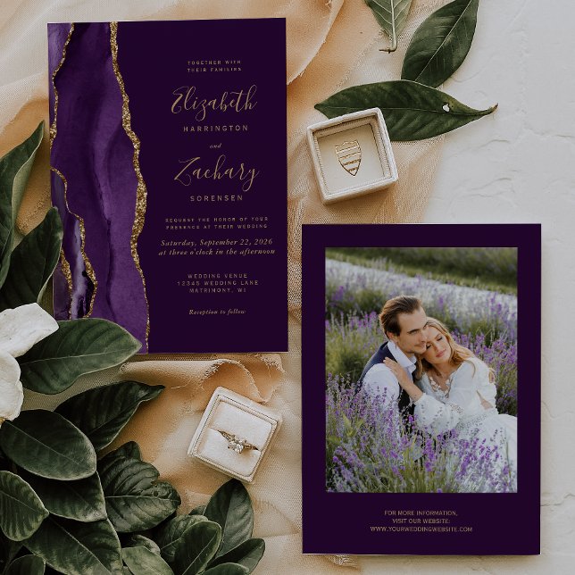 Modern Photo Purple Gold Agate Plum Wedding Invitation (Creator Uploaded)