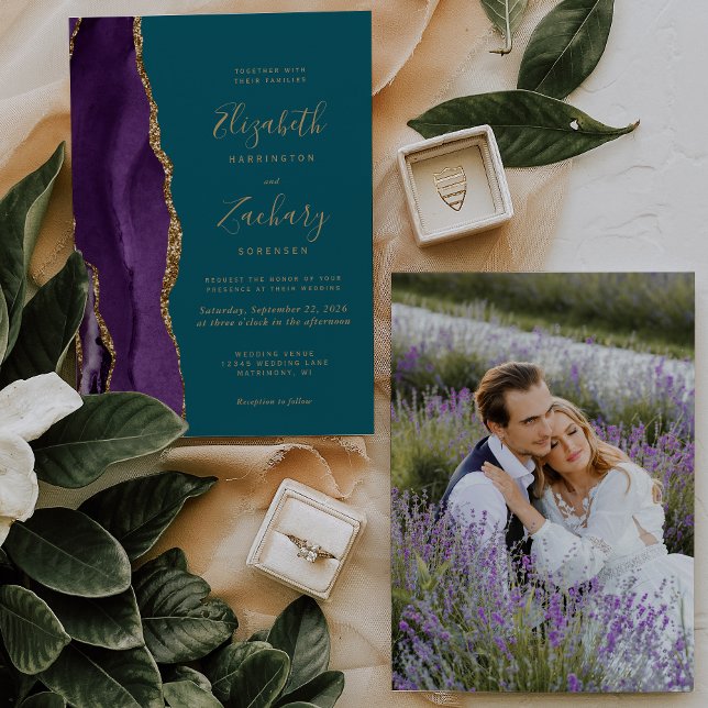 Modern Photo Purple Gold Agate Teal Wedding Invitation (Creator Uploaded)