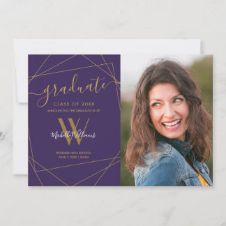 Modern Photo Purple Monogram Geometric Graduation Announcement