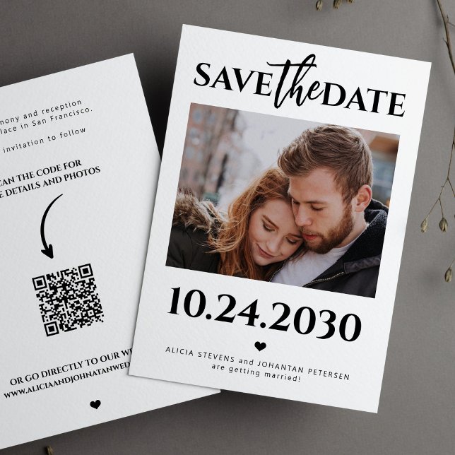 Modern photo QR code black and white wedding Save The Date (Creator Uploaded)