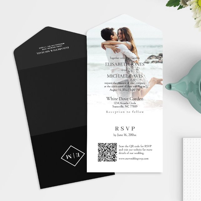 Modern Photo QR Code Black Wedding All In One Invitation (All-in-one wedding invitation with QR code to RSVP - Simplify and save time for you and your guests.)
