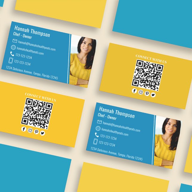 Modern Photo QR Code Blue | Connect With Us Business Card (Simple editable business card template with a photo placement on the front. )