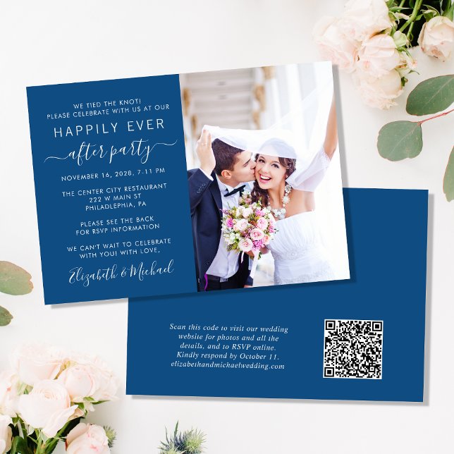 Modern Photo QR Code Blue Wedding Reception Invitation (Creator Uploaded)