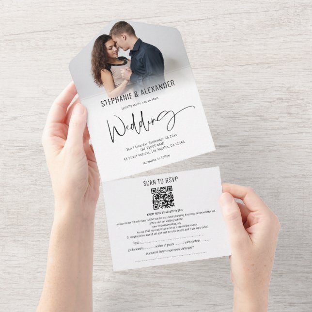 Modern Photo QR Code Guest Name Addresses Wedding  All In One Invitation (Tearaway)