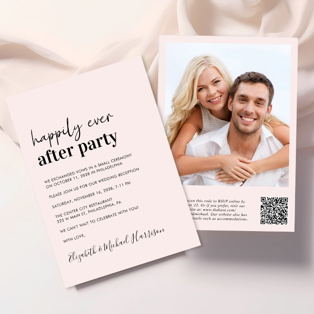 Modern Photo QR Code Pink Wedding Reception Invitation (An chic Happily Ever After Party all-in-one invitation for your wedding celebration)