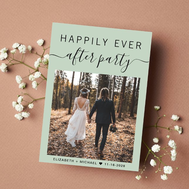 Modern Photo QR Code Sage Wedding Reception Announcement (An chic Happily Ever After Party Invitation to celebrate your wedding)