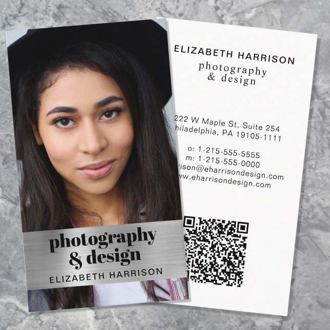 Modern Photo QR Code Silver Business Card (Input your website address to create a scannable QR code)