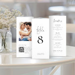Modern Photo QR Trifold Wedding Menu Table Number<br><div class="desc">IMPORTANT NOTE: This trifold is supplied flat, WITHOUT pre-scoring, for you to fold it yourself. To assist you with accurate folding, guidelines are printed on the back for the three panels, plus an extra thin panel to the right hand side for you to apply glue to stick the trifold together...</div>