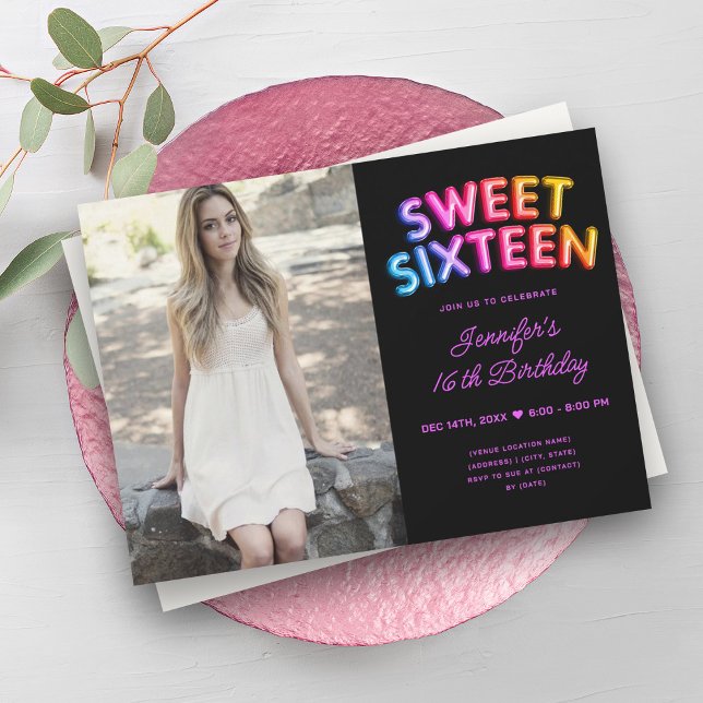 Modern Photo Rainbow Black Balloons Sweet 16  Invitation (Modern Photo Rainbow Black Balloons Sweet 16 Invitation)