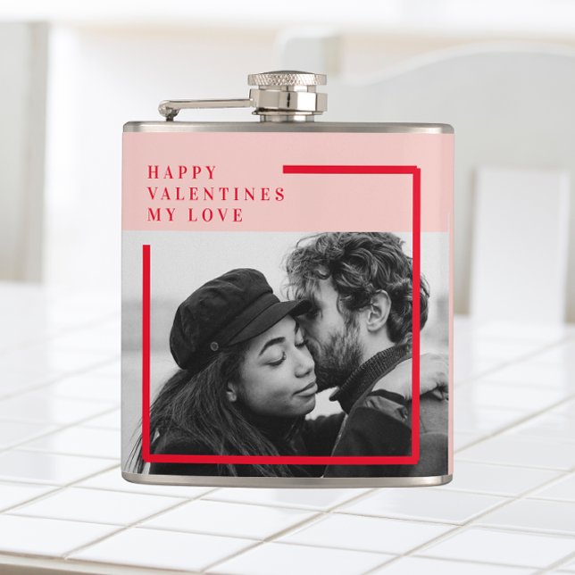 Modern Photo | Red & Pink Happy Valentines Gift Hip Flask (Creator Uploaded)