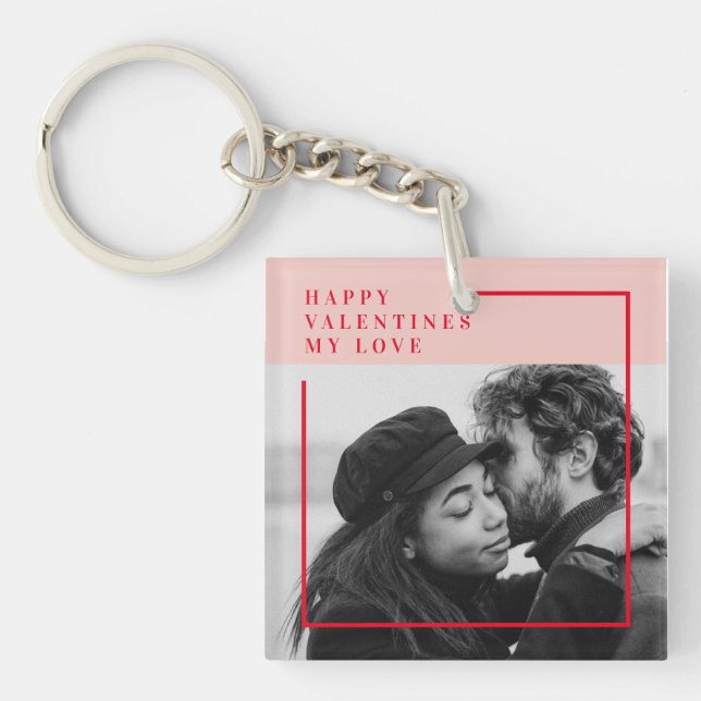 Modern Photo | Red & Pink Happy Valentines Gift Keychain (Front)