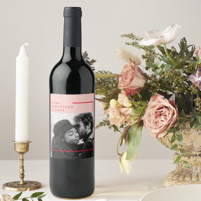 Modern Photo | Red & Pink Happy Valentines Gift Wine Label (Creator Uploaded)