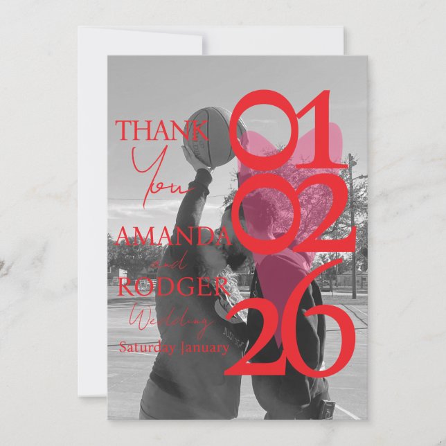 Modern Photo Red Pink Typography  Thank You Card (Front)