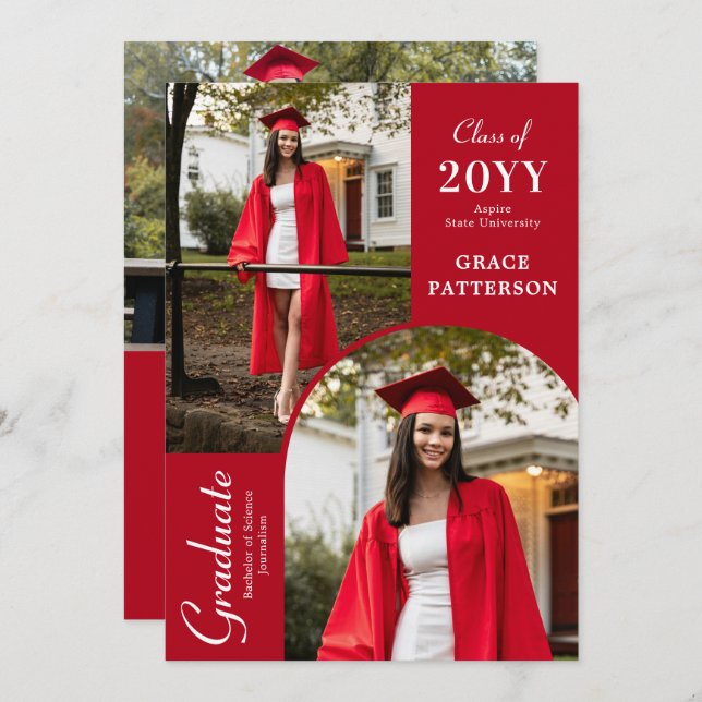Modern Photo Red White Graduation Announcement (Front/Back)