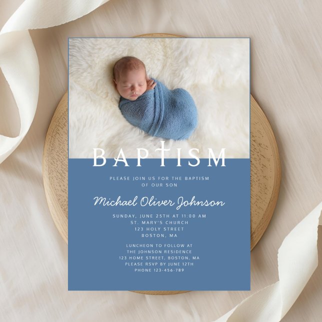 Modern Photo Religious Cross Blue Boy Baptism Invitation (Modern Photo Religious Cross Blue Boy Baptism Invitation)