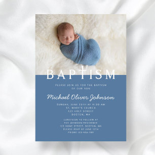 Modern Photo Religious Cross Blue Boy Baptism Invitation