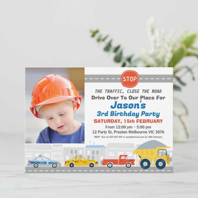 Modern Photo Road Transport Birthday Invitation (Standing Front)