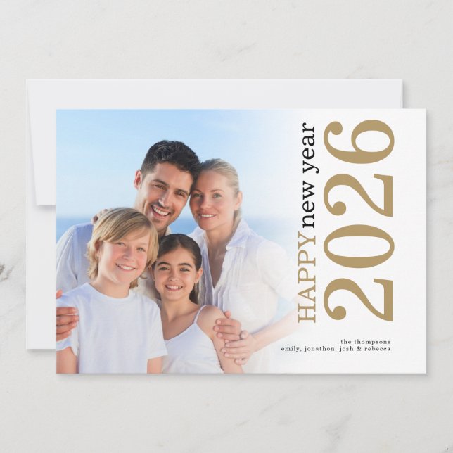 Modern Photo Rotated Text Happy New Year 2026 Gold Holiday Card (Front)