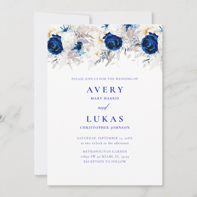 Modern Photo Royal Blue & White Floral Wedding Invitation (Front)