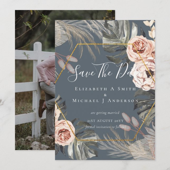 Modern Photo Save Dates PAMPAS Coral Tropical (Front/Back)