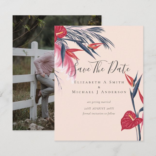 Modern PHOTO Save Dates Pampas Grass Tropical (Front/Back)