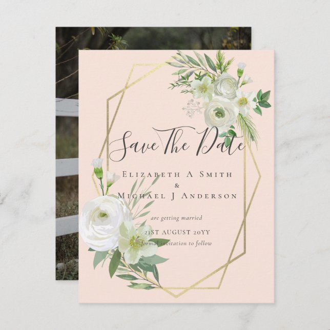 Modern Photo Save Dates White Floral Greenery Leaf (Front/Back)