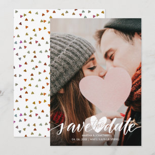 Modern Photo Save the Date Script  Heart Confetti Invitation